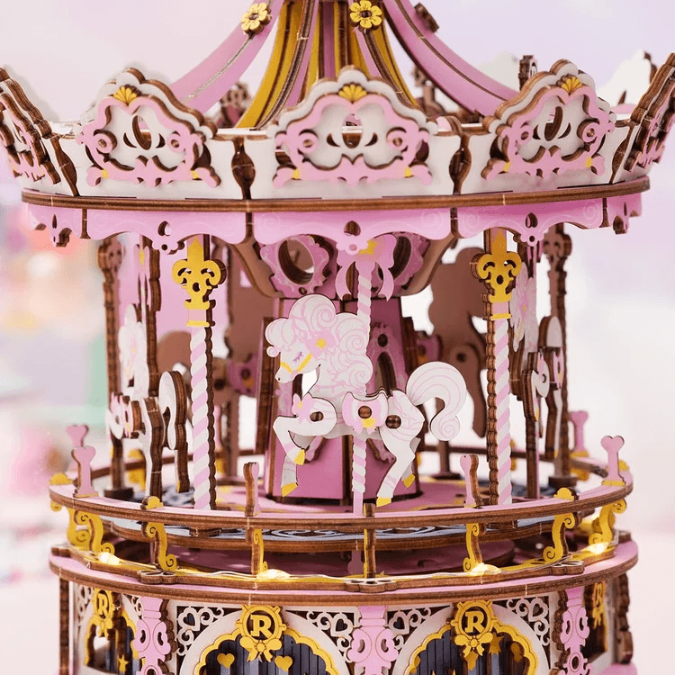 Romantic Carousel Mechanical Music Box 3D Wooden Puzzle - Handcrafted Home Decor