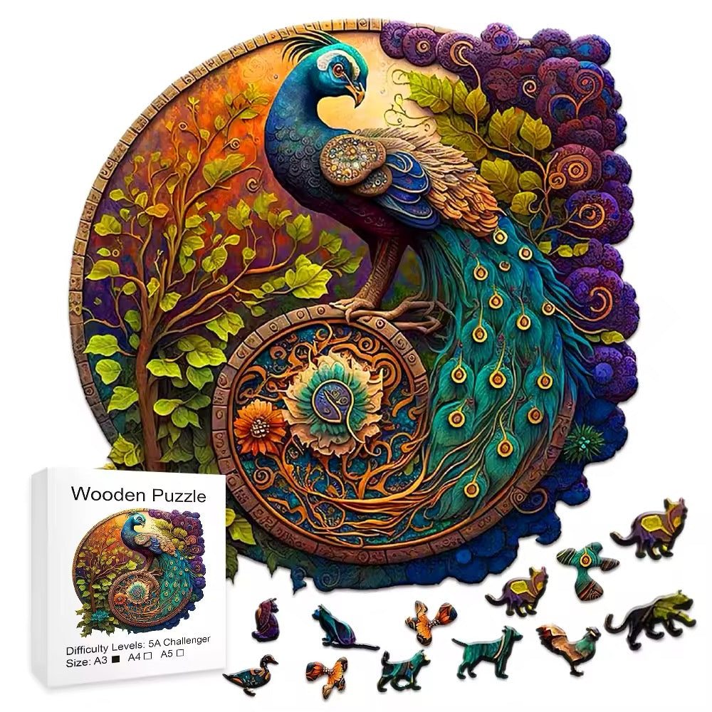 Peacock Wooden Puzzle - Unique Animal-Shaped Jigsaw, Fun Gift for Puzzle Lovers