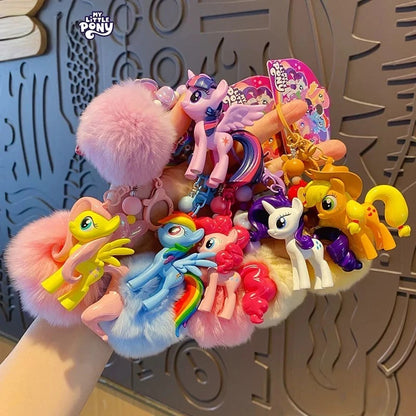 Porte-clés mignon My Little Pony avec pompon en fourrure