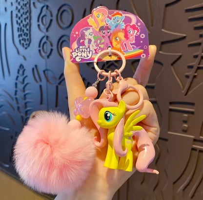 Cute My Little Pony Keychain with Furry Pom