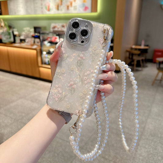 Funda para teléfono con forma de corazón y cordón cruzado de perlas