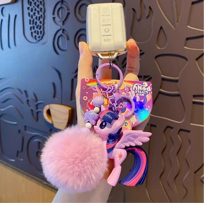 Cute My Little Pony Keychain with Furry Pom