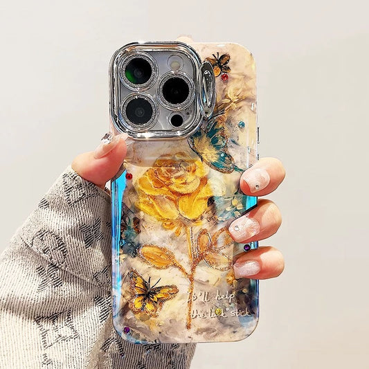 Coque de téléphone élégante avec motif papillon et rose jaune