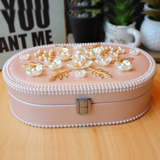 Elegant Floral Jewelry Box - Luxurious Oval Storage with Pearl Trim & Compartments