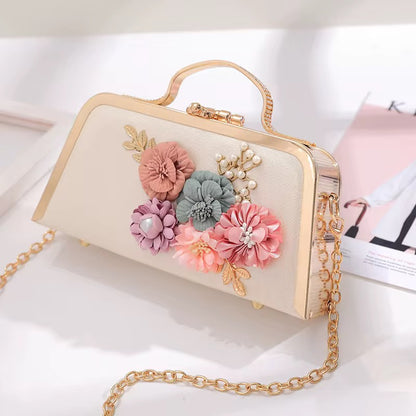 Luxurious Floral Handheld Clutch - Elegant Women’s Evening Bag with Gold Accents and Adjustable Shoulder Chain