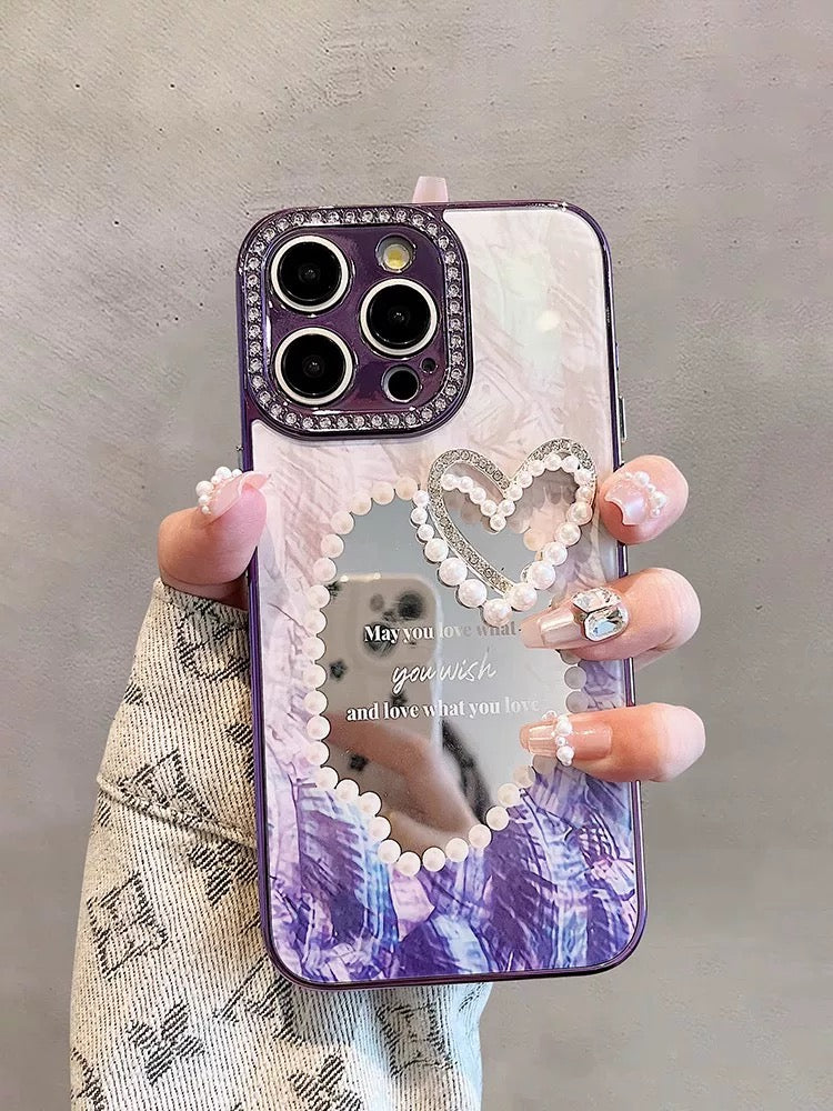 Luxury Rhinestone Makeup Pearl Mirror Phone Case