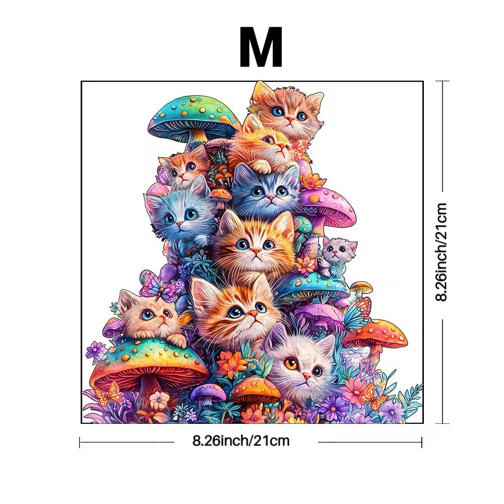 Whimsical wooden cat puzzle with colorful cat and mushroom designs, made from high-quality wood. Available in three sizes.