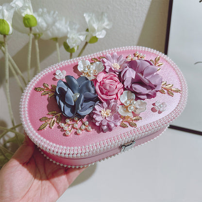 Elegant Floral Jewelry Box - Luxurious Oval Storage with Pearl Trim & Compartments