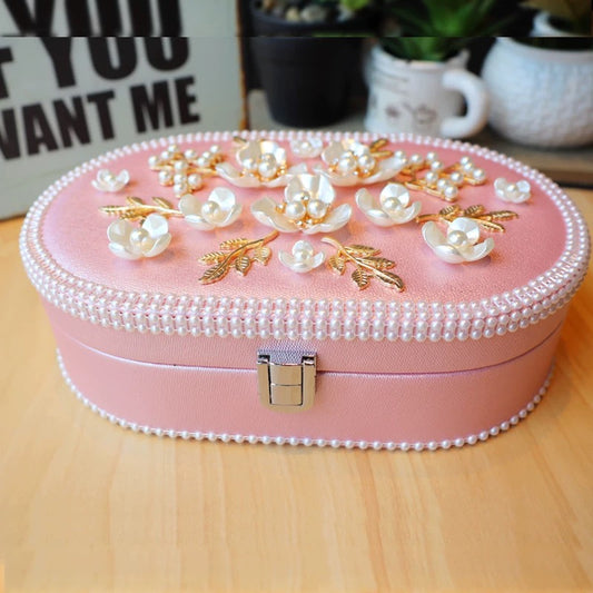 Elegant Floral Jewelry Box - Luxurious Oval Storage with Pearl Trim & Compartments