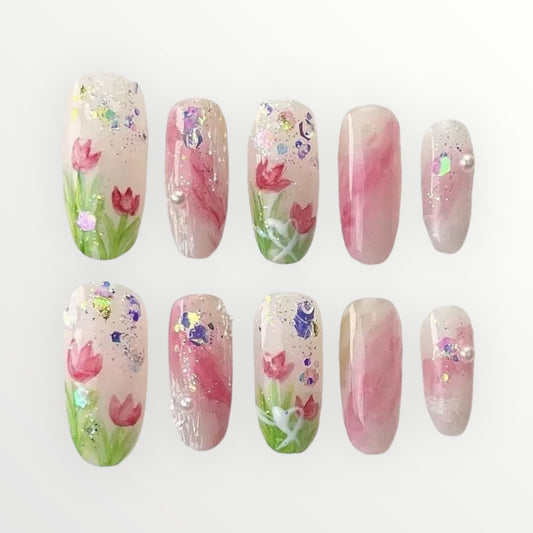 Uñas postizas con diseño de flores de primavera