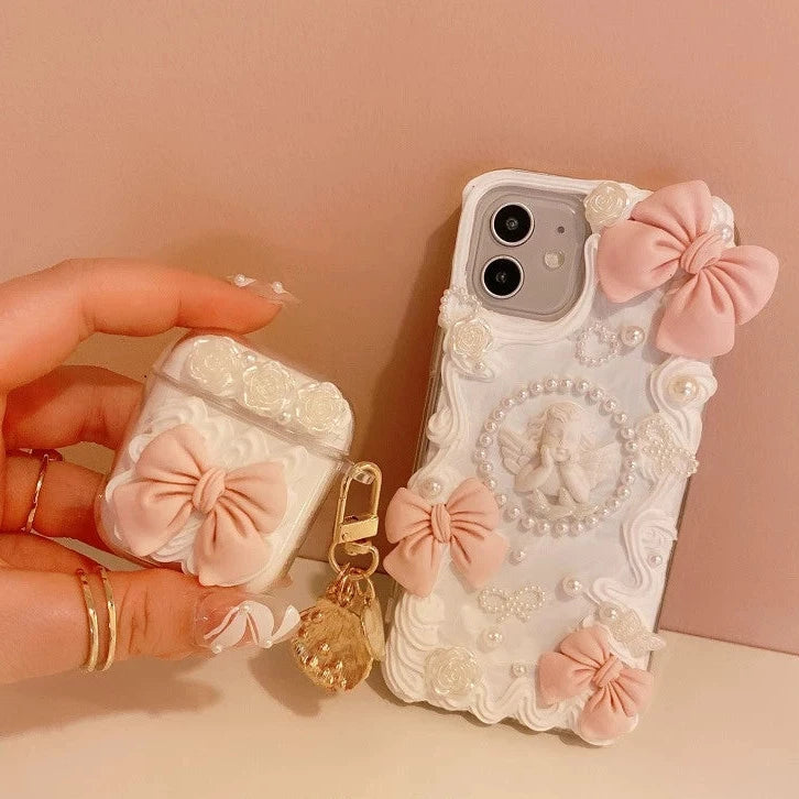 Handmade Pink Baroque Angel Phone Case with Pearl and Bow Accents