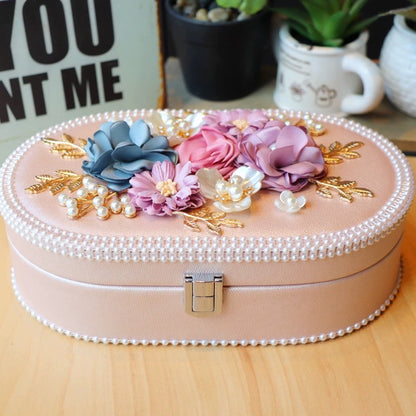 Elegant Floral Jewelry Box - Luxurious Oval Storage with Pearl Trim & Compartments