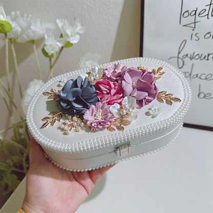 Elegant Floral Jewelry Box - Luxurious Oval Storage with Pearl Trim & Compartments