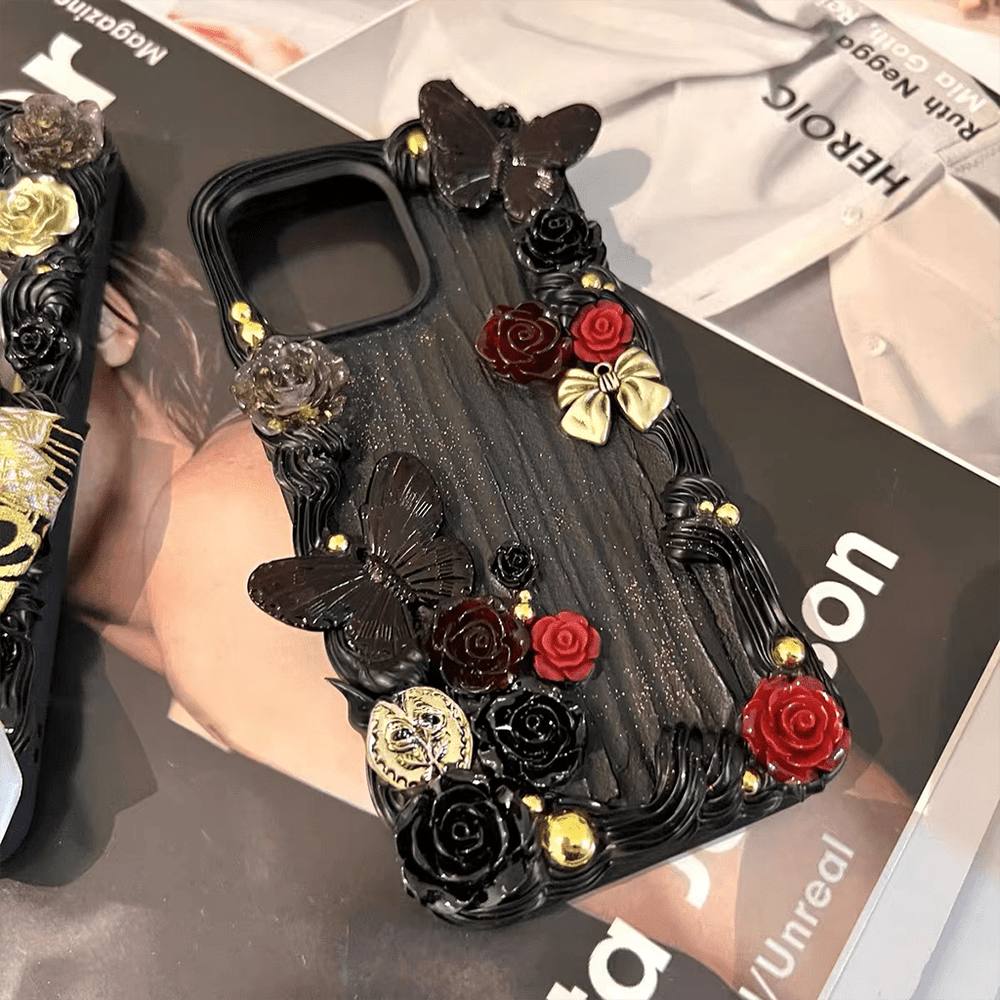 Handmade 3D Black Rose and Butterfly Phone Case