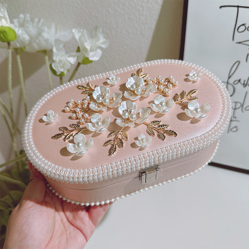 Elegant Floral Jewelry Box - Luxurious Oval Storage with Pearl Trim & Compartments