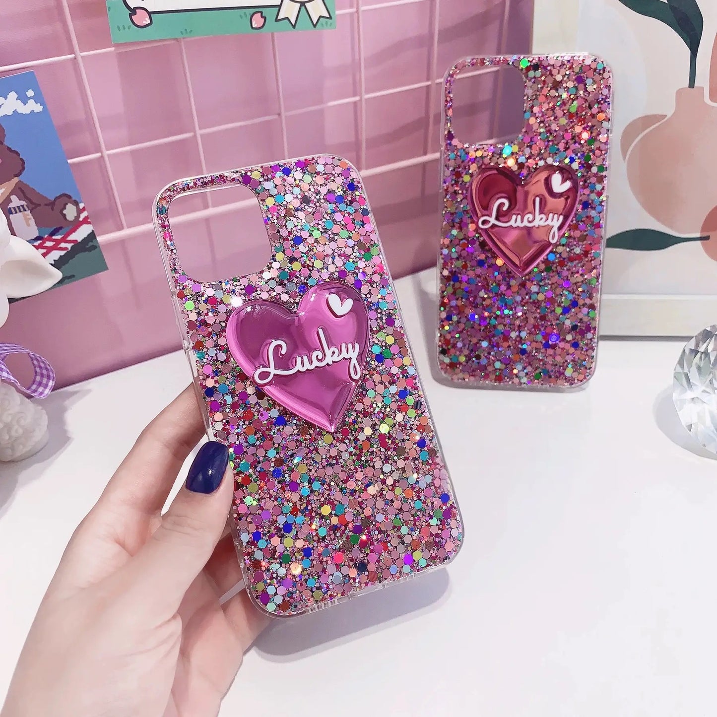 Customized Colourful Glitter Heart Letter Phone Case