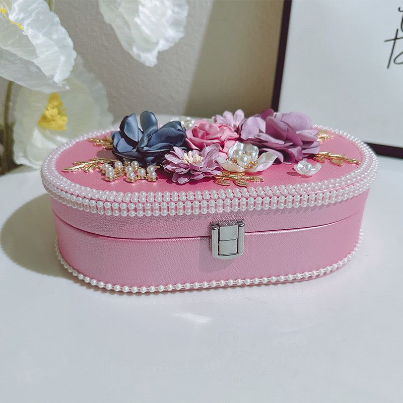 Elegant Floral Jewelry Box - Luxurious Oval Storage with Pearl Trim & Compartments