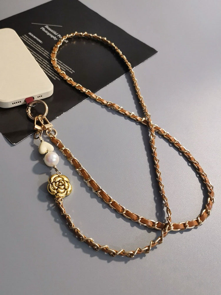 Luxurious Pearl Camellia Leather Crossbody Phone Lanyard