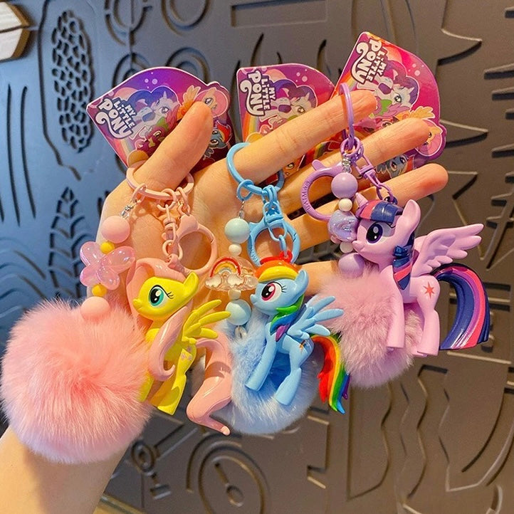 Porte-clés mignon My Little Pony avec pompon en fourrure