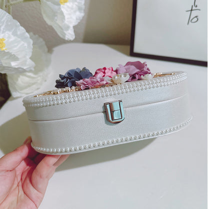 Elegant Floral Jewelry Box - Luxurious Oval Storage with Pearl Trim & Compartments