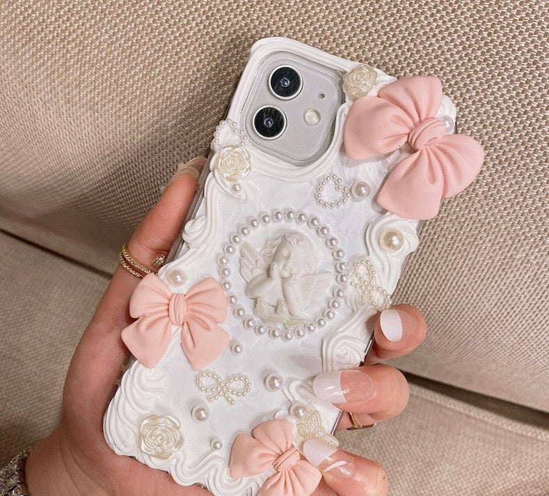 Handmade Pink Baroque Angel Phone Case with Pearl and Bow Accents