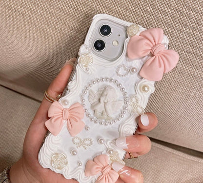 Handmade Pink Baroque Angel Phone Case with Pearl and Bow Accents