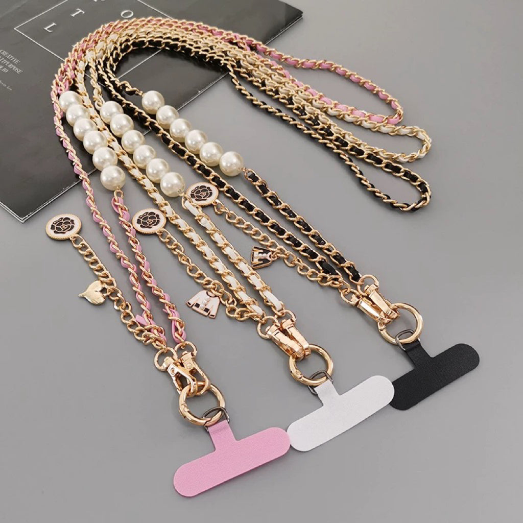 Luxury Metal Pearl Leather Crossbody Phone Lanyard