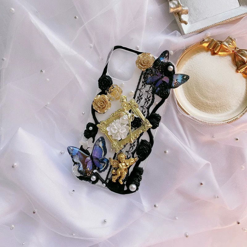 Handmade 3D Lace Butterfly Phone Case with Black Roses