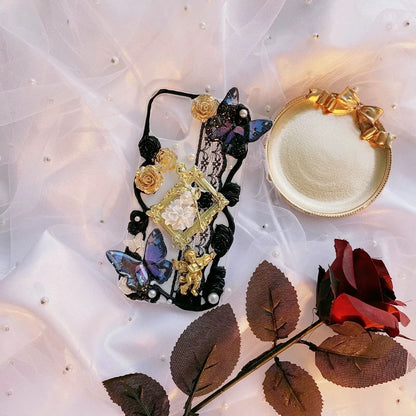 Handmade 3D Lace Butterfly Phone Case with Black Roses