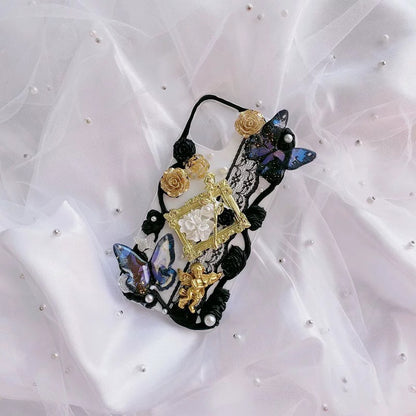 Handmade 3D Lace Butterfly Phone Case with Black Roses