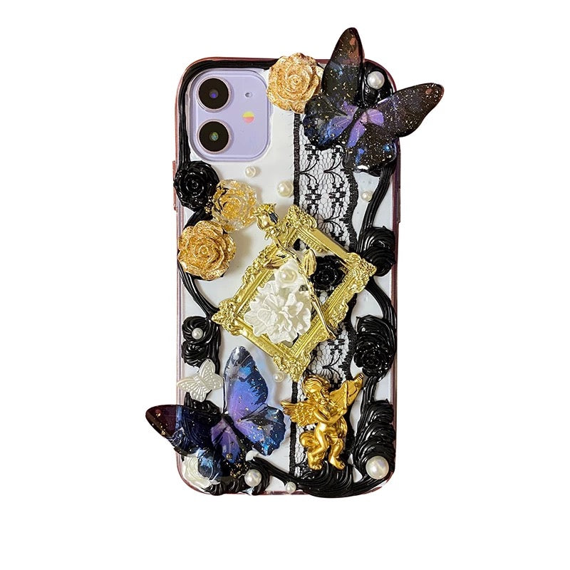 Handmade 3D Lace Butterfly Phone Case with Black Roses