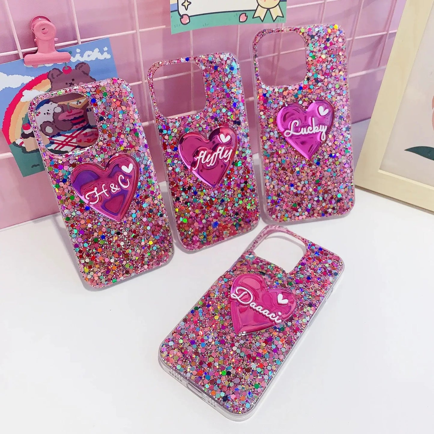 Customized Colourful Glitter Heart Letter Phone Case