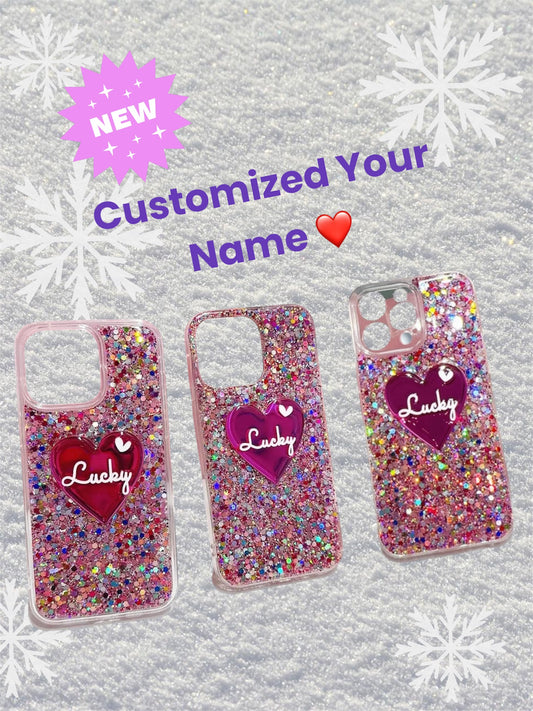 Funda para teléfono personalizada con letras en forma de corazón y purpurina de colores