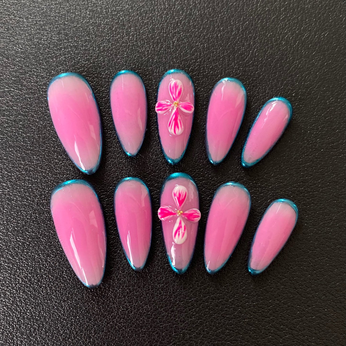 Pink Press-On Nails with Teal Edges and 3D Floral Design