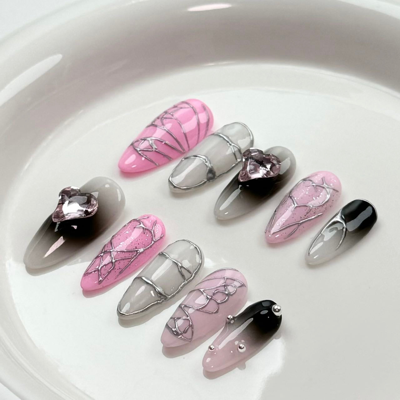 Pink and Black Ombre Press-on Nails with Heart Rhinestones