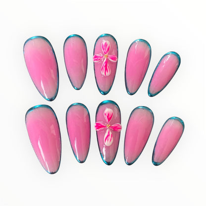 Pink Press-On Nails with Teal Edges and 3D Floral Design