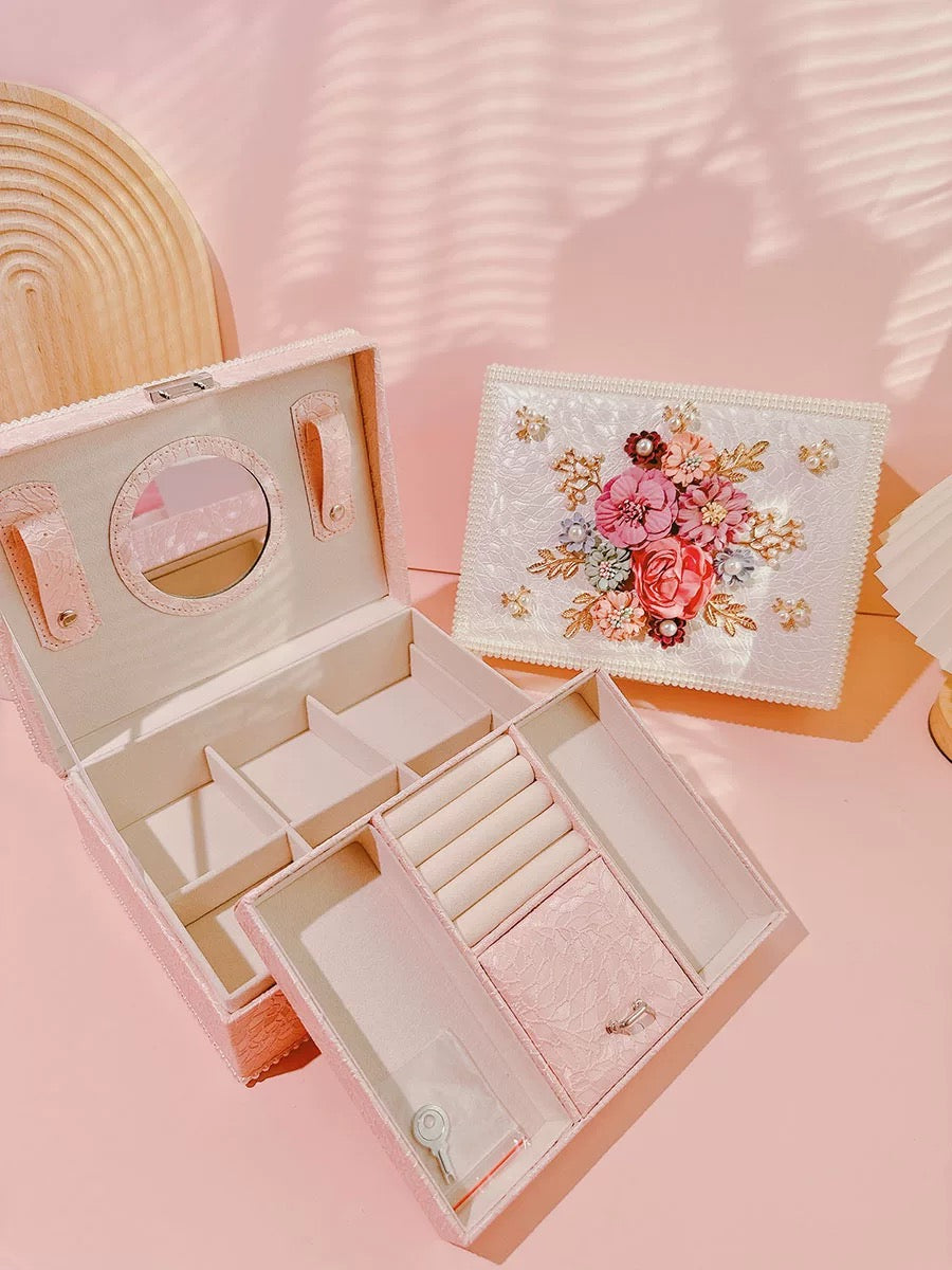 Luxury Floral Jewelry Box - Pink/White Elegance & Storage