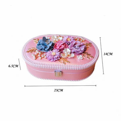 Elegant Floral Jewelry Box - Luxurious Oval Storage with Pearl Trim & Compartments